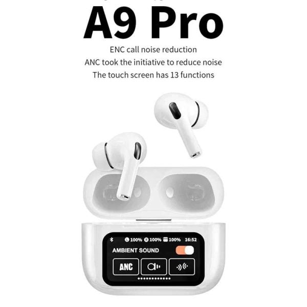 Experience Premium Sound: A9 Pro AirPods with ANC/ENC & Touch Screen – The Ultimate Wireless Earbuds!